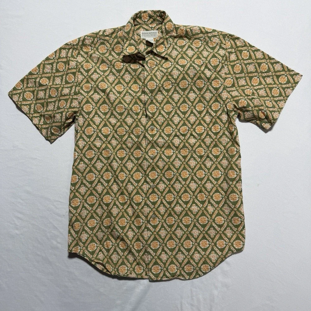 Vintage Banana Republic Safari Travel Botanical Print Shirt XS 80s Green Cotton